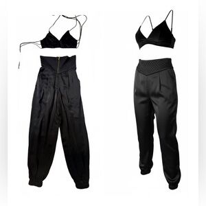 Saaksha & Kinni High-Waist Black Satin Jogger Pants with Quilted Waist & CropTop